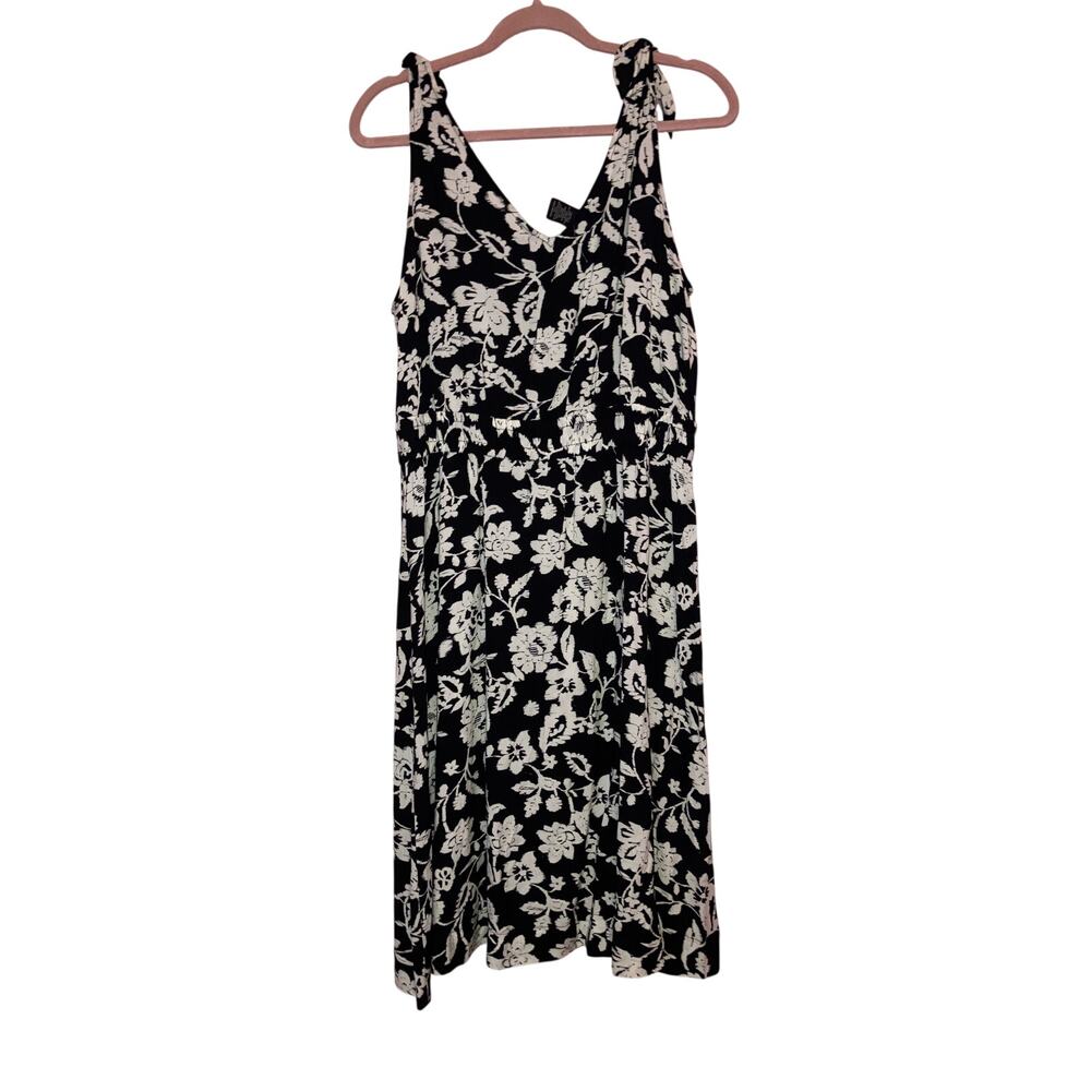 Black Floral Midi Dress with Cream Print - Sleeveless V-Neck